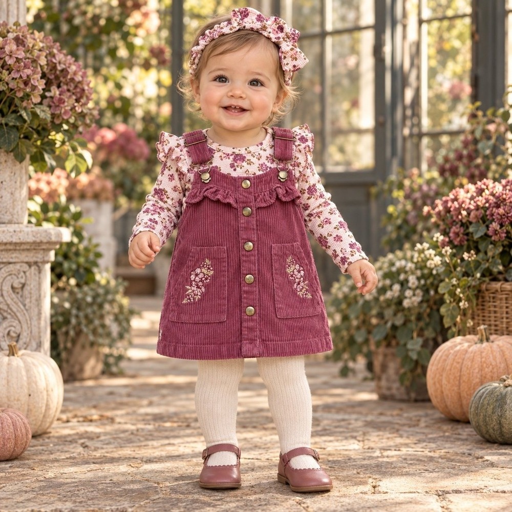 Nicole Miller Baby Girl 12M 3 Piece Floral Corduroy Jumper Outfit Set NWOT